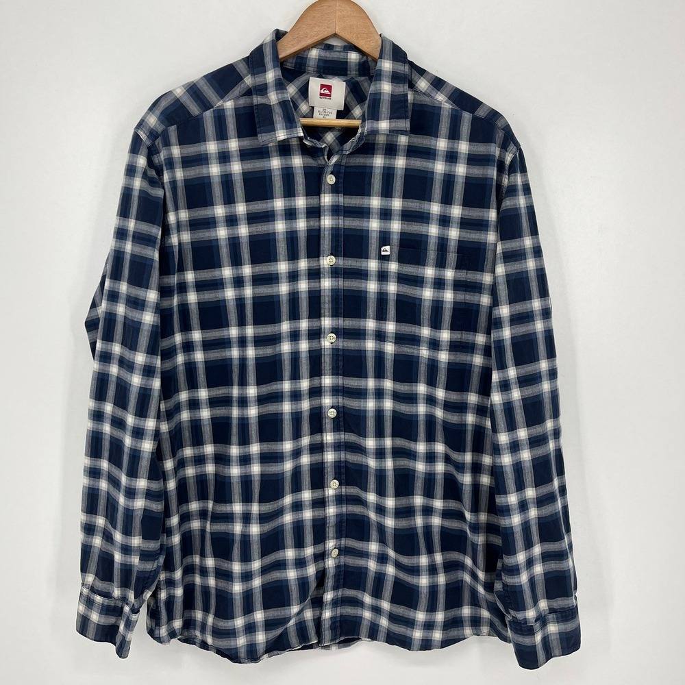 Quiksilver Mens Plaid Button Down Shirt Long Sleeve Navy Blue Cotton XL Regular